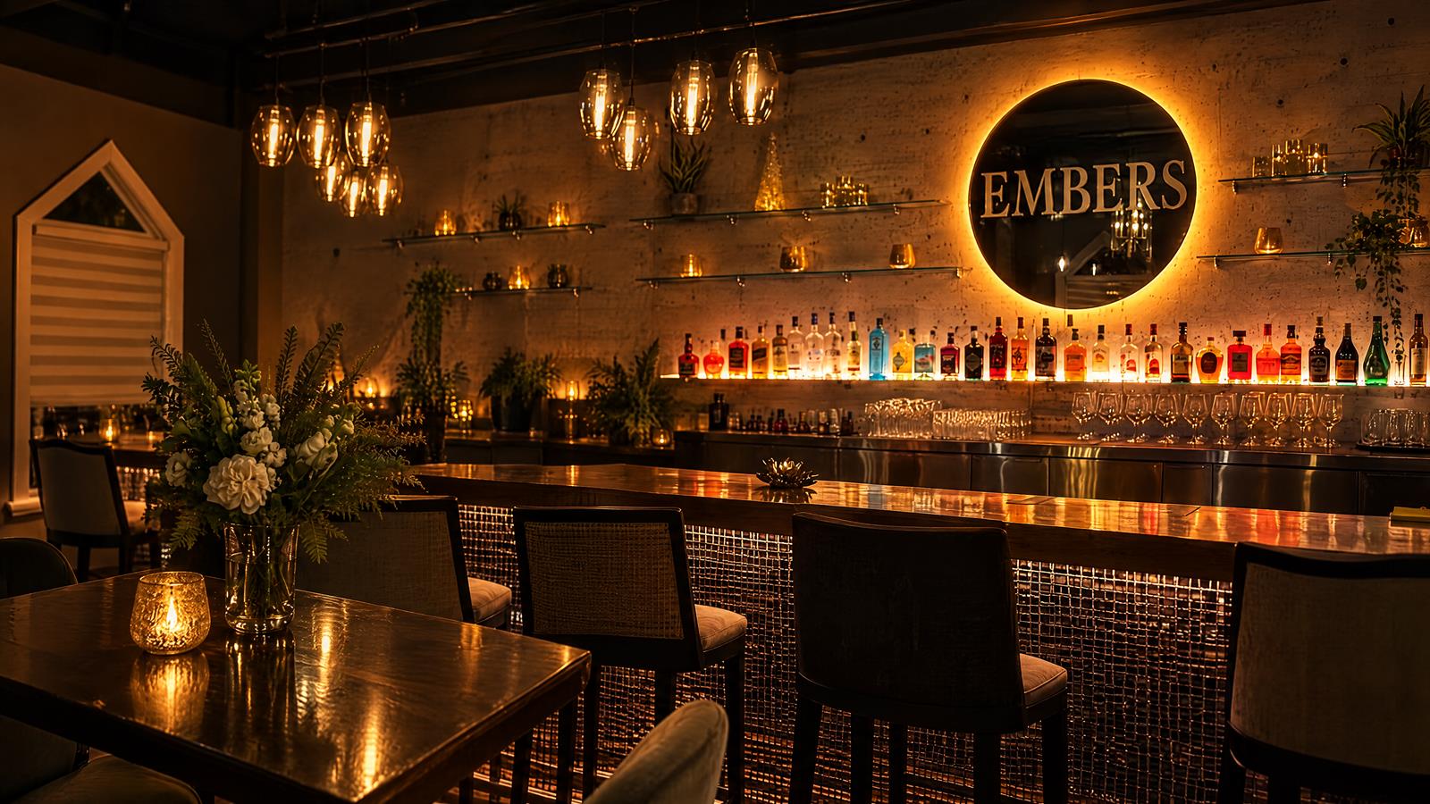 Le bar de l’Embers le soir : suspensions ambrées, miroir rond rétroéclairé et mur de bouteilles
